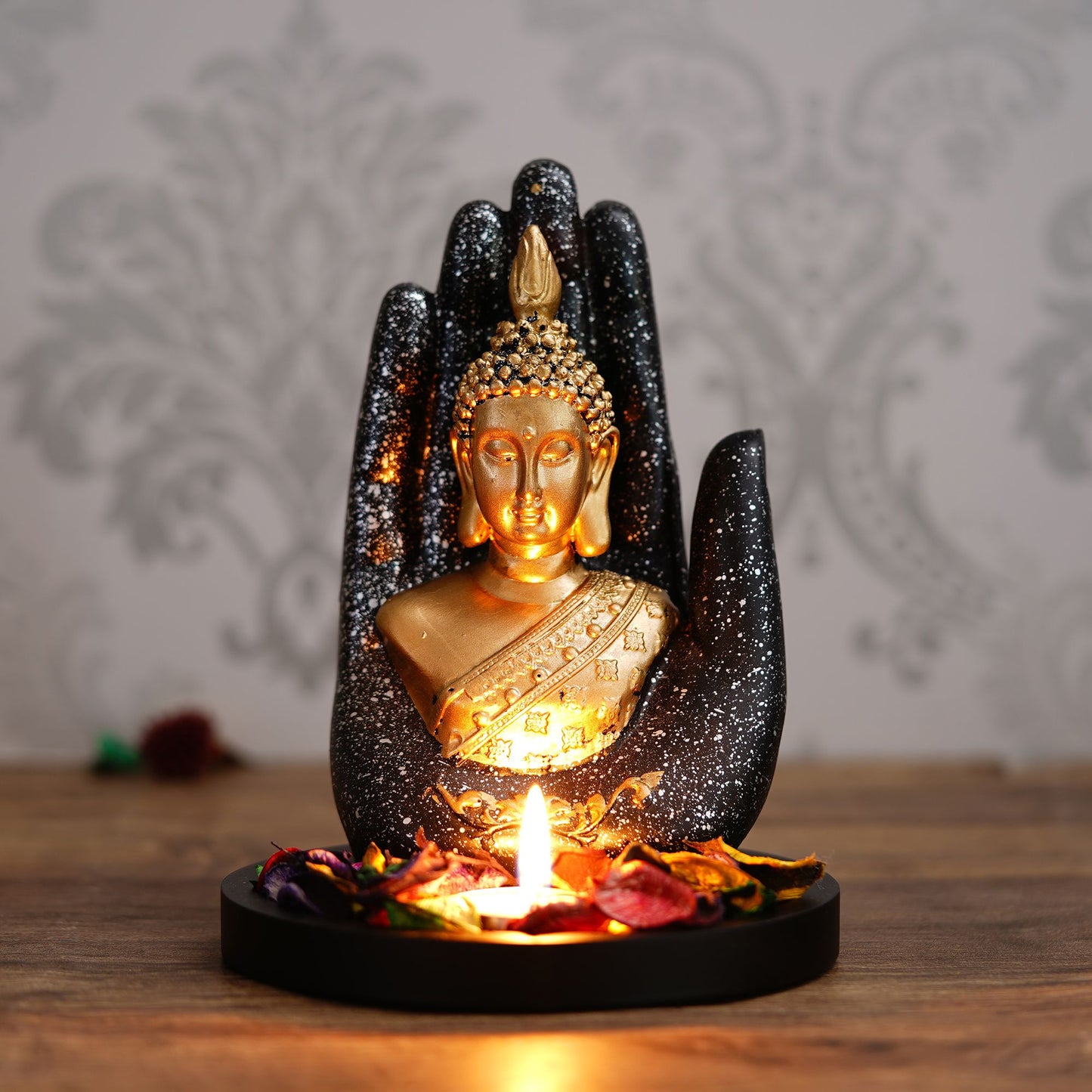Golden Buddha Tealight Holder – Palm Hand Decor