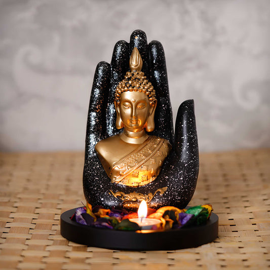 Golden Buddha Tealight Holder – Palm Hand Decor